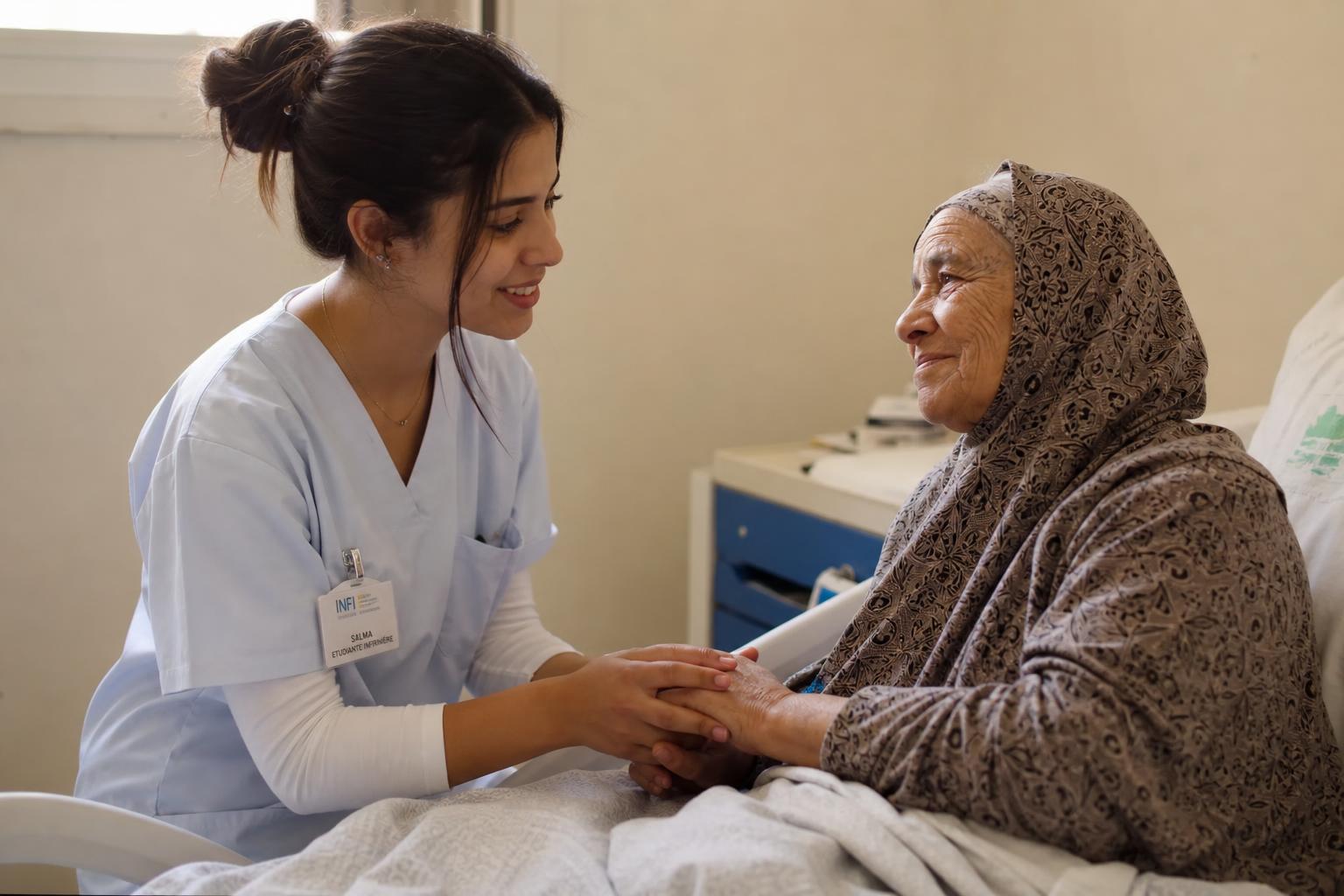 Soignante tenant la main d'un patient — moment de réconfort